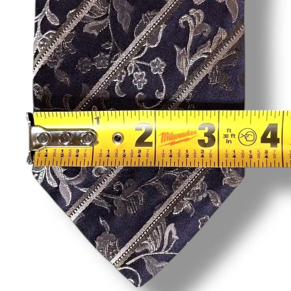 Vintage Tino Cosma Floral Tie Mens Navy Silver Tan Iridescent 100% Silk Long